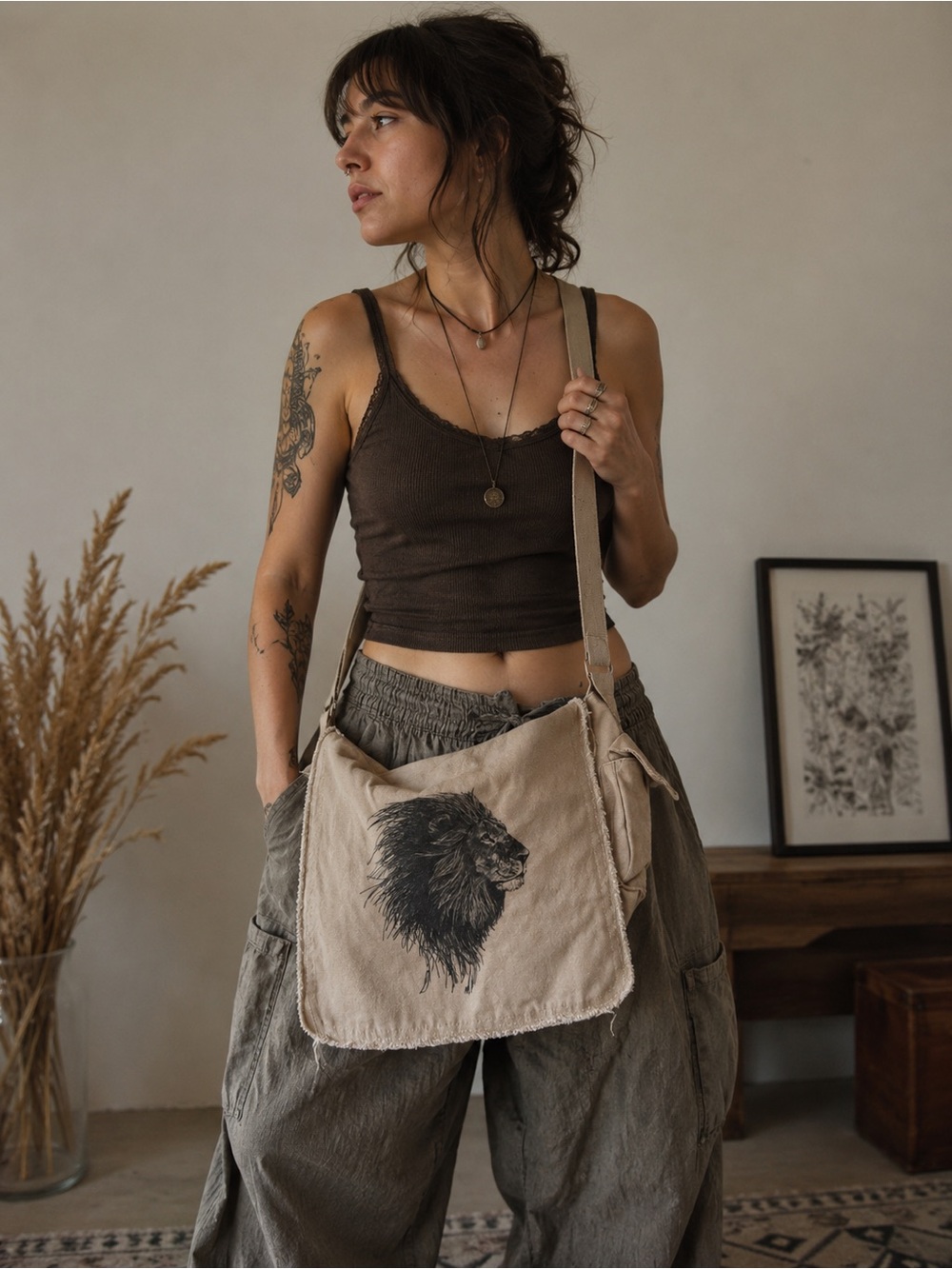 Lion Grsaphic Canvas Messenger Bag Boho Crossbody Laptop Tote Beige Fringe